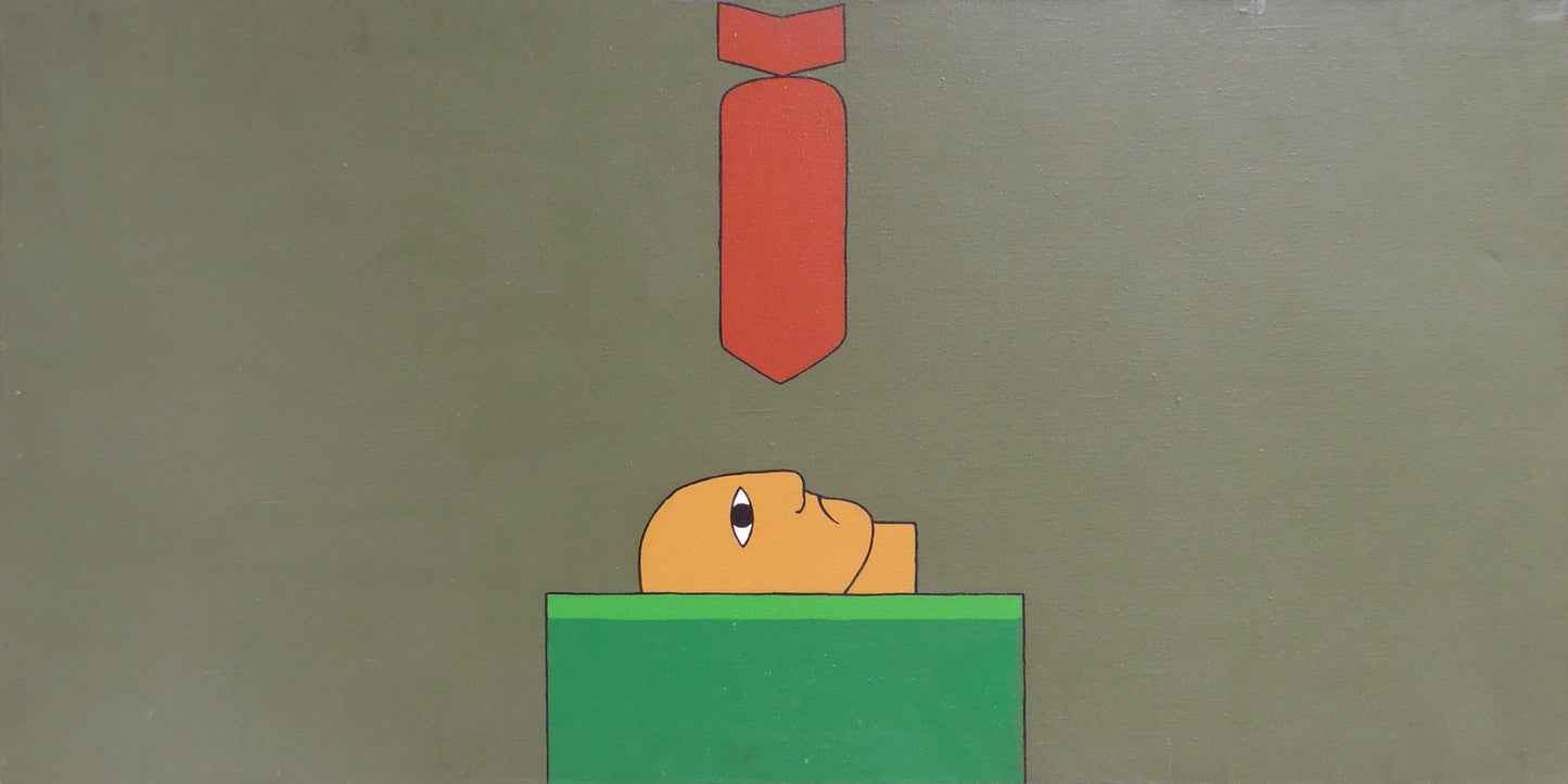 Antonio Maia – Muerte, obra de arte contemporáneo con figura humana minimalista y elemento rojo suspendido sobre fondo neutro.