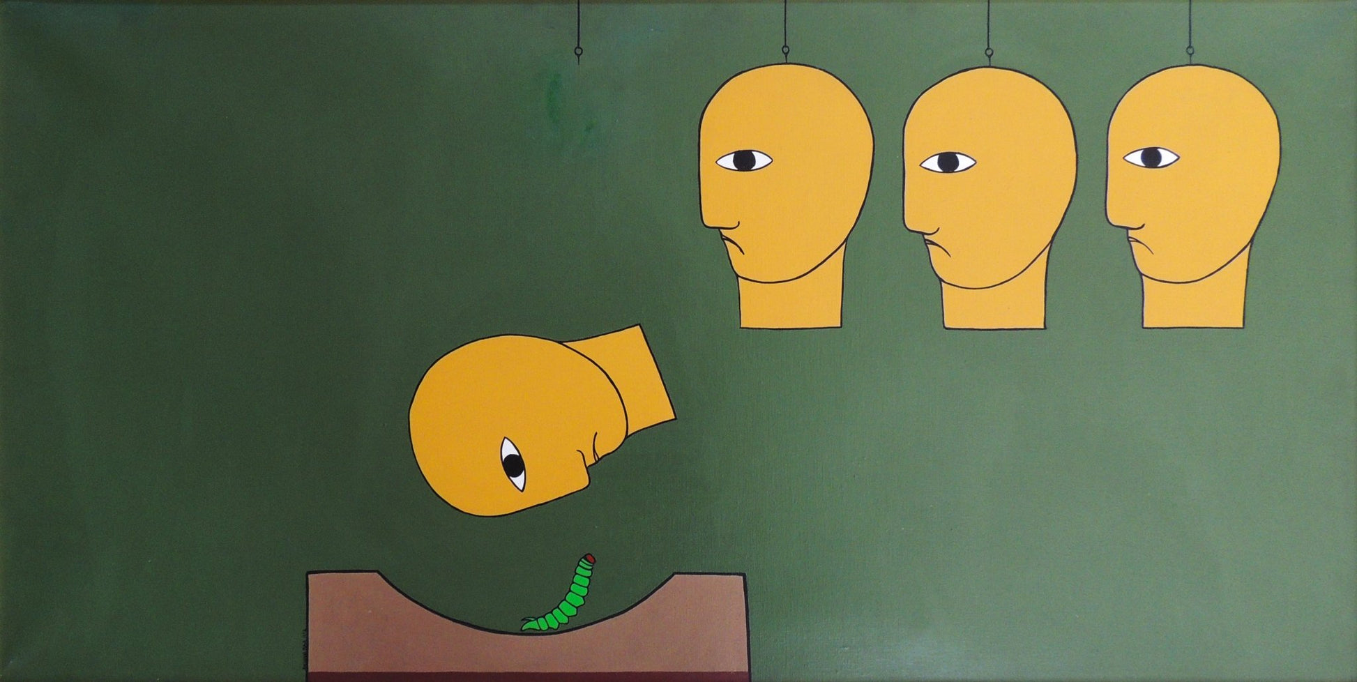 Antonio Maia, Tempo e Espaço, pintura surrealista con cabezas suspendidas y figura abstracta sobre fondo verde.