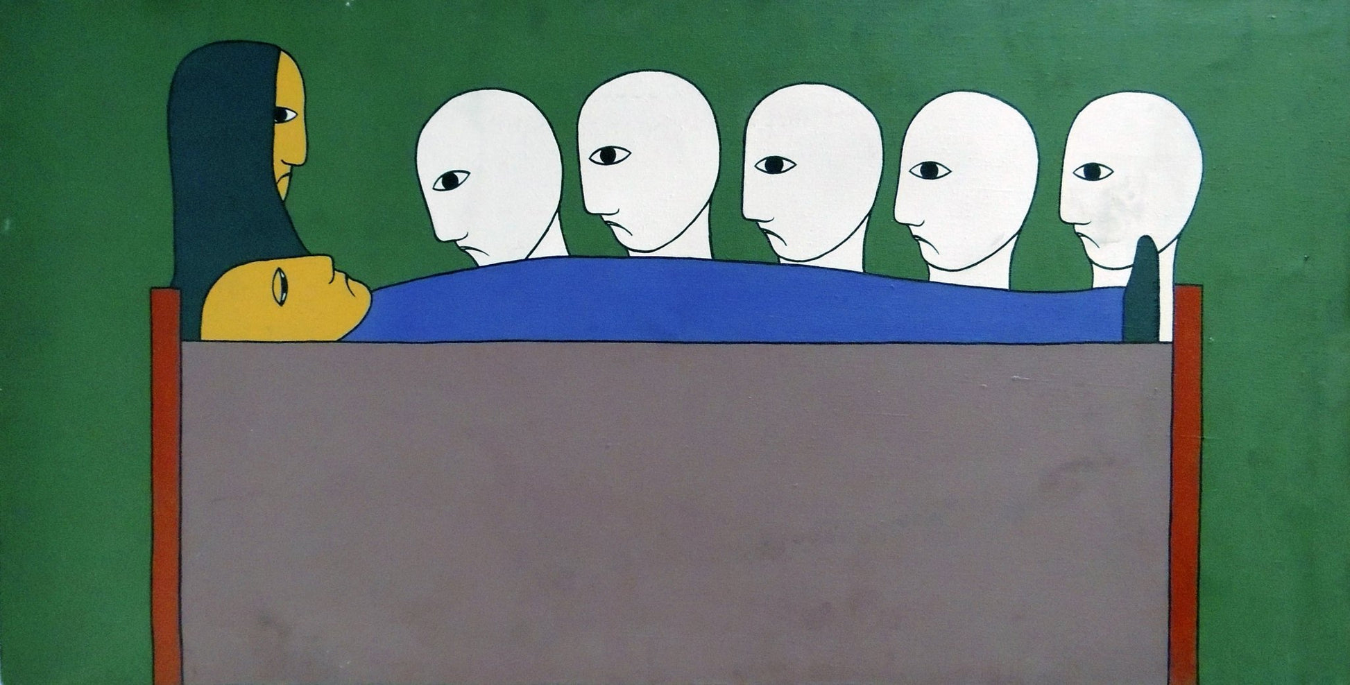 Antonio Maia - Velorio, pintura surrealista con figuras humanas alrededor de un funeral en composición simbólica contemporánea