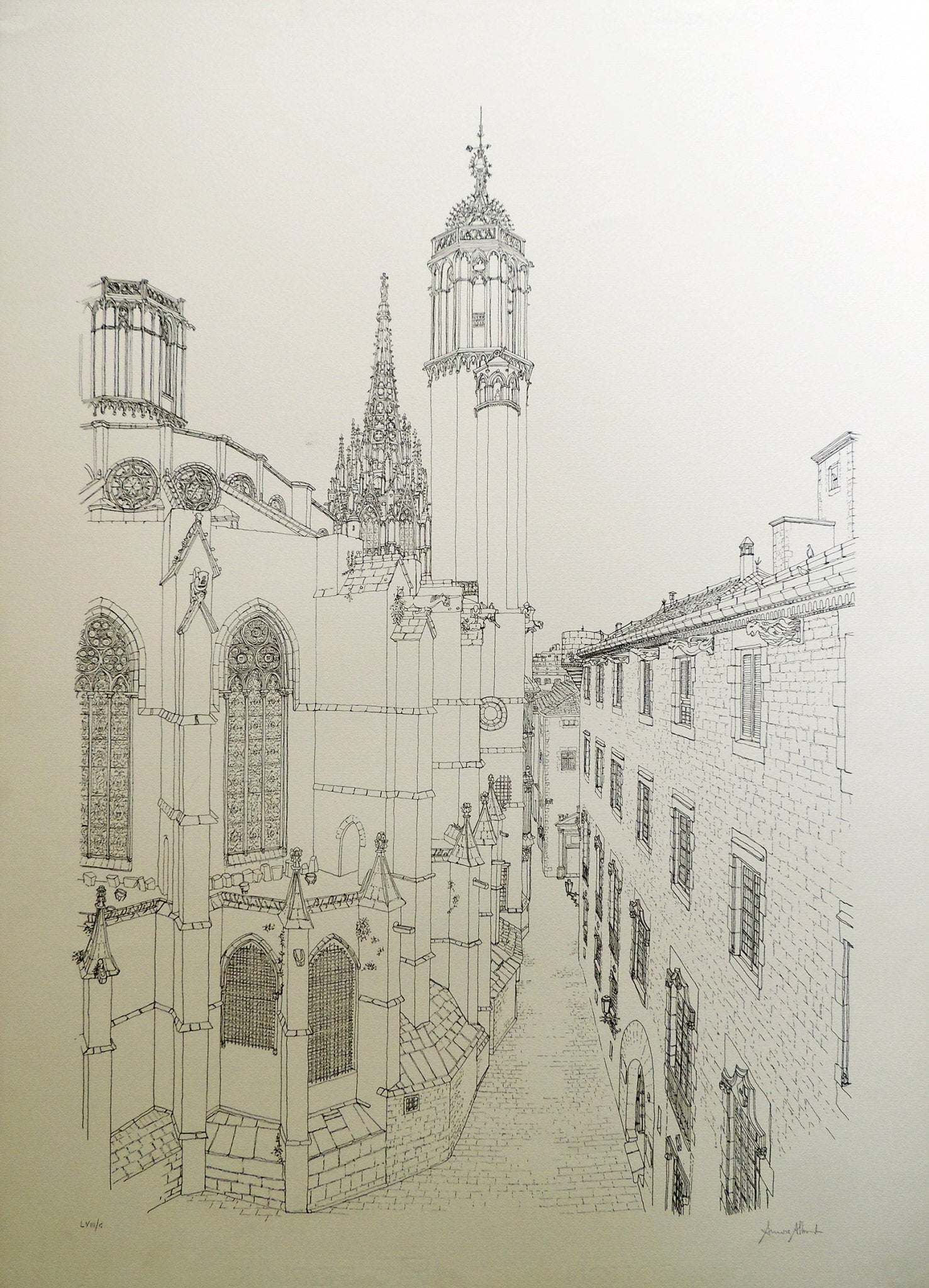 Aurora Altisent Calle de la Catedral litografía de arquitectura gótica y calle histórica de Barcelona
