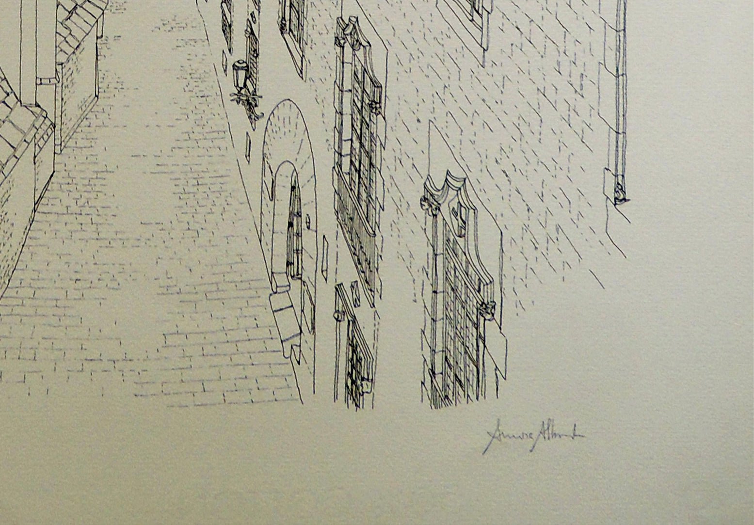 Aurora Altisent Calle de la Catedral litografía de arquitectura gótica y calle histórica de Barcelona firma
