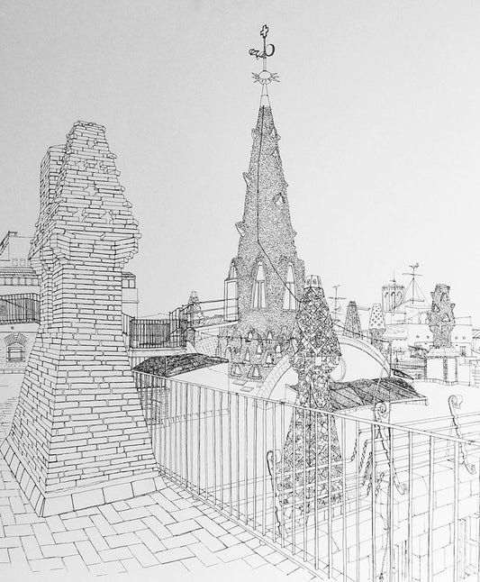 Aurora Altisent Tejados La Pedrera litografía de arquitectura modernista de Barcelona detalle dibujo