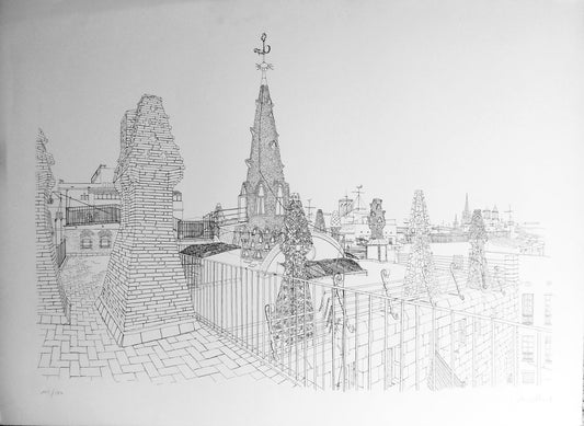 Aurora Altisent Tejados La Pedrera litografía de arquitectura modernista de Barcelona