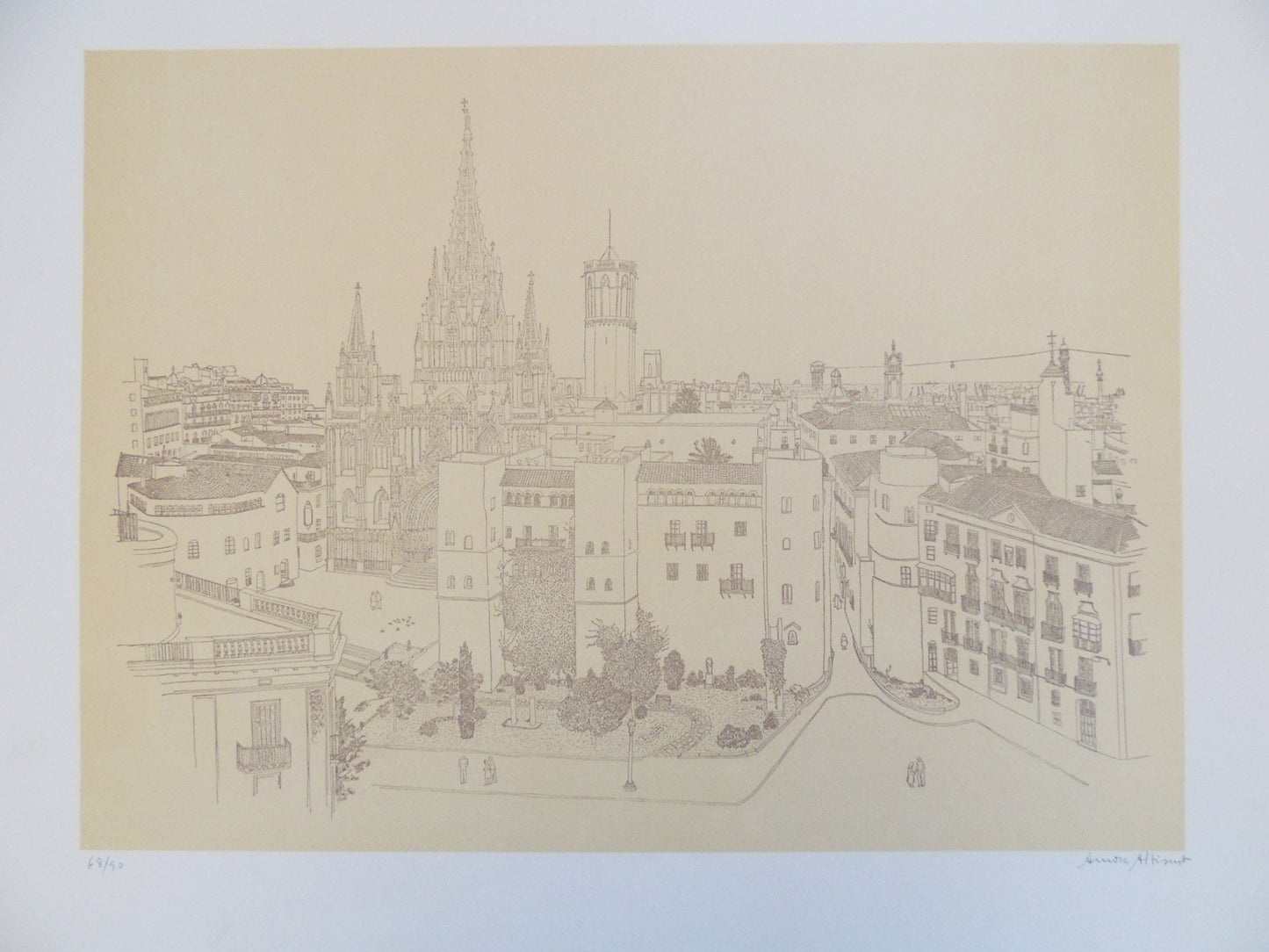 Aurora Altisent Vista de Barcelona con la Catedral litografía de paisaje urbano y arquitectura gótica de Barcelona