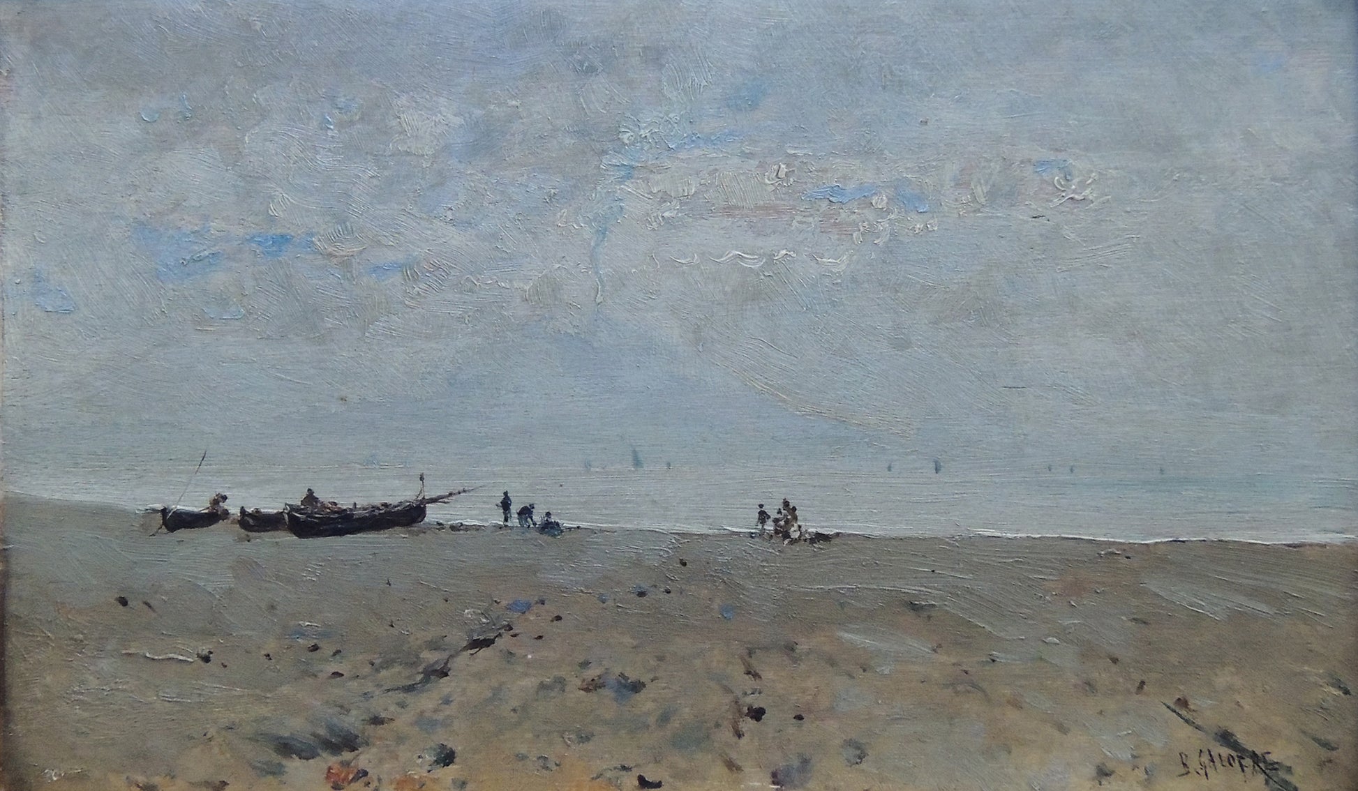 Marina de Baldomero Galofre, pintura costumbrista del siglo XIX con paisaje marítimo luminoso y atmósfera mediterránea.