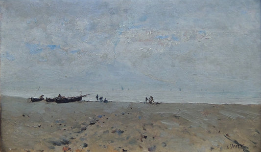 Marina de Baldomero Galofre, pintura costumbrista del siglo XIX con paisaje marítimo luminoso y atmósfera mediterránea.