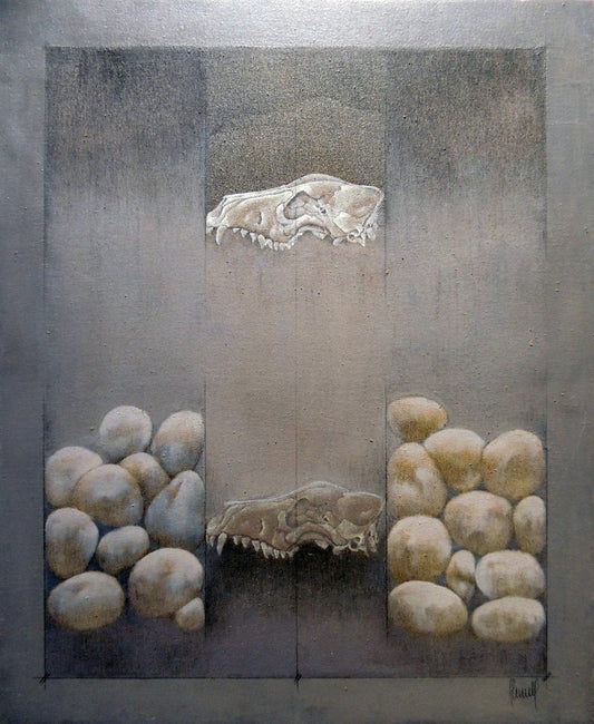 Pintura contemporánea de Carles Planell con cráneos y piedras, composición minimalista que evoca memoria, tiempo y diálogo entre pasado y presente.