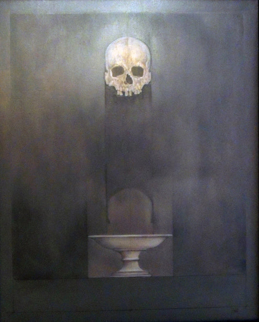 Pintura contemporánea de Carles Planell con un cráneo y plato, composición minimalista que evoca memoria, tiempo y diálogo entre pasado y presente.
