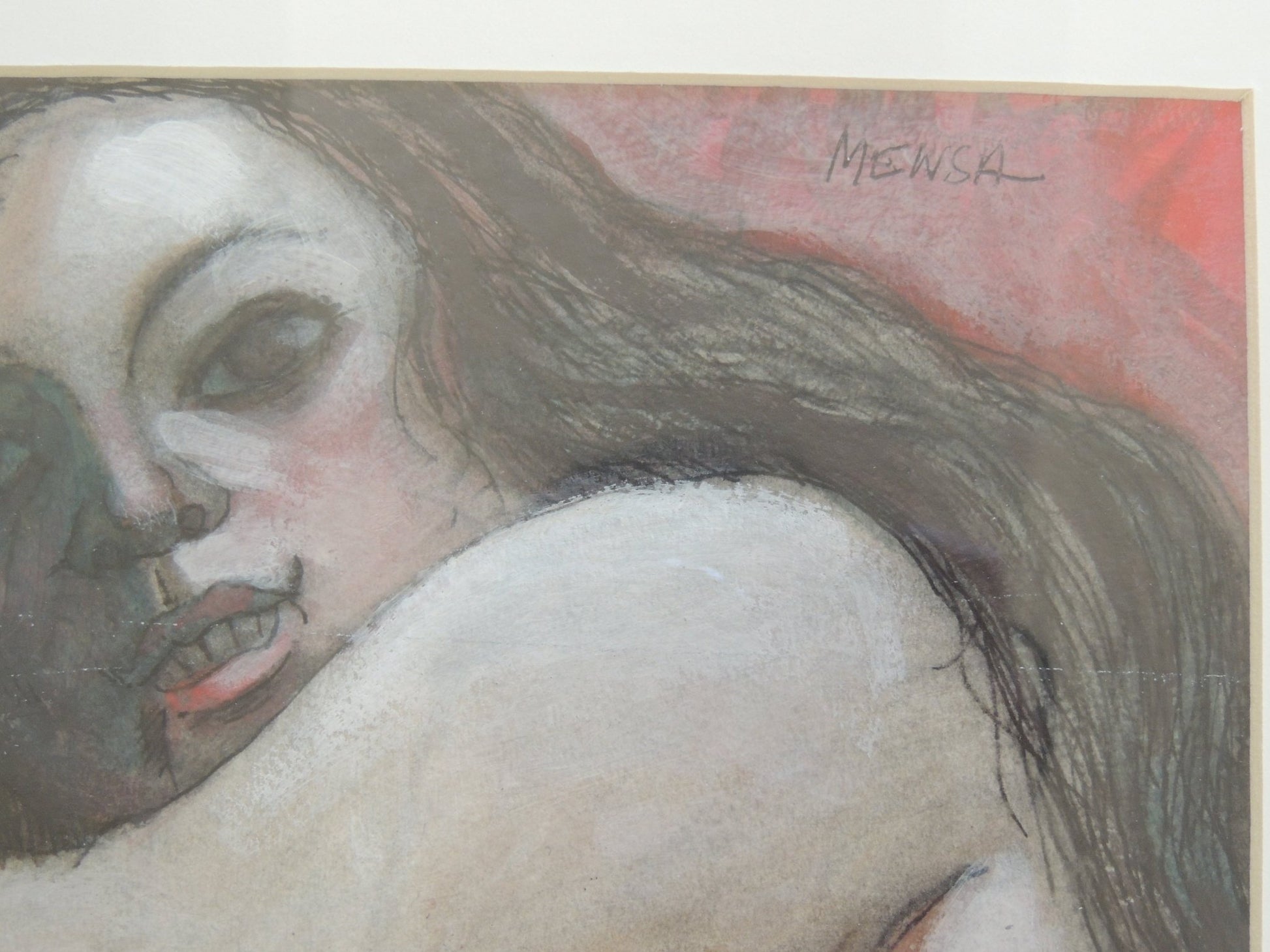 Carlos Mensa Desnudo dibujo al pastel sobre papel retrato femenino contemporánea, detalle firma