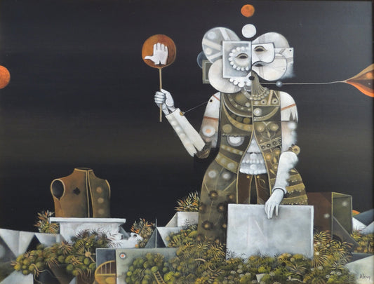 Eduard Alcoy, Autoestopista. Pintura surrealista con figura enmascarada y formas geométricas en una composición simbólica de fondo oscuro y tonos dorados, blancos y verdes.