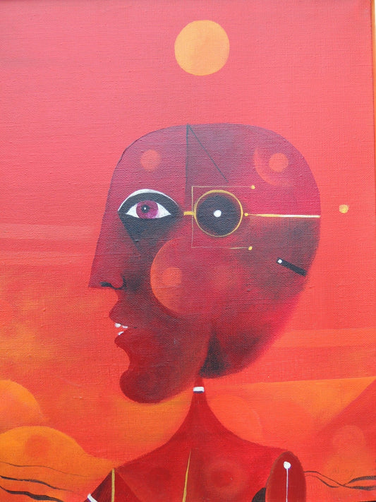 Eduard Alcoy, Cabeza, pintura con rostro surrealista en tonos rojos y naranjas, composición geométrica y atmósfera simbólica.