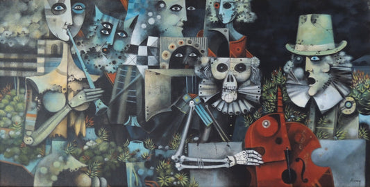 Eduard Alcoy, Conjunt: composición surrealista con figuras humanas y esqueléticas, máscaras y elementos teatrales en tonos oscuros y azules.