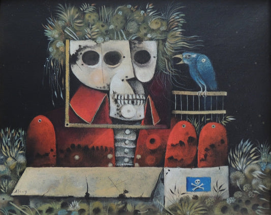 Eduard Alcoy, Crani, obra surrealista de pequeño formato con fuerte carga simbólica y atmósfera inquietante cabeza de calavera y pajaro azul
