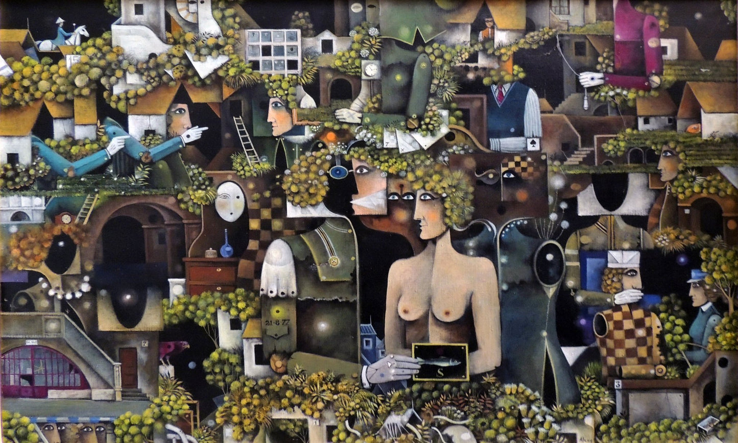Eduard Alcoy, Desordre urbà: escena surrealista con figuras humanas, arquitectura fragmentada y vegetación en una composición urbana de tonos verdes, ocres y negros.