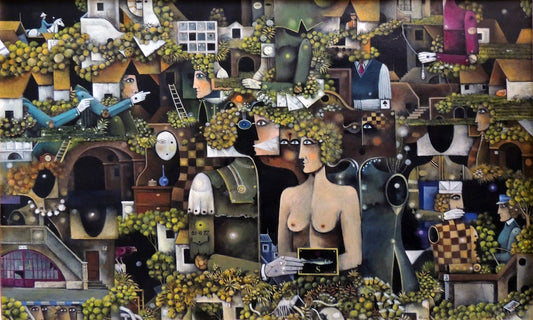 Eduard Alcoy, Desordre urbà: escena surrealista con figuras humanas, arquitectura fragmentada y vegetación en una composición urbana de tonos verdes, ocres y negros.