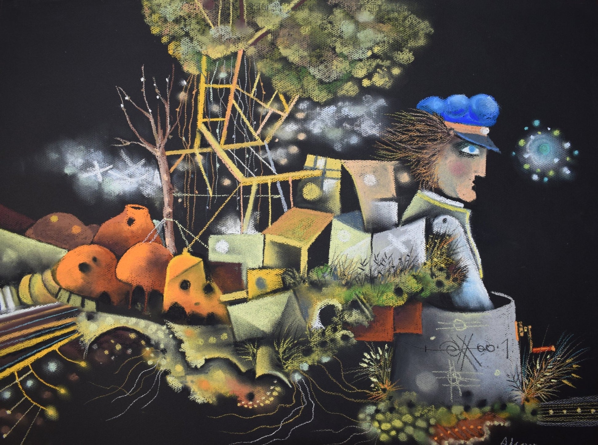 Eduard Alcoy, Dirección desconocida, pastel original con figura surreal, estructuras geométricas, paisaje imaginario y composición de atmósfera onírica.