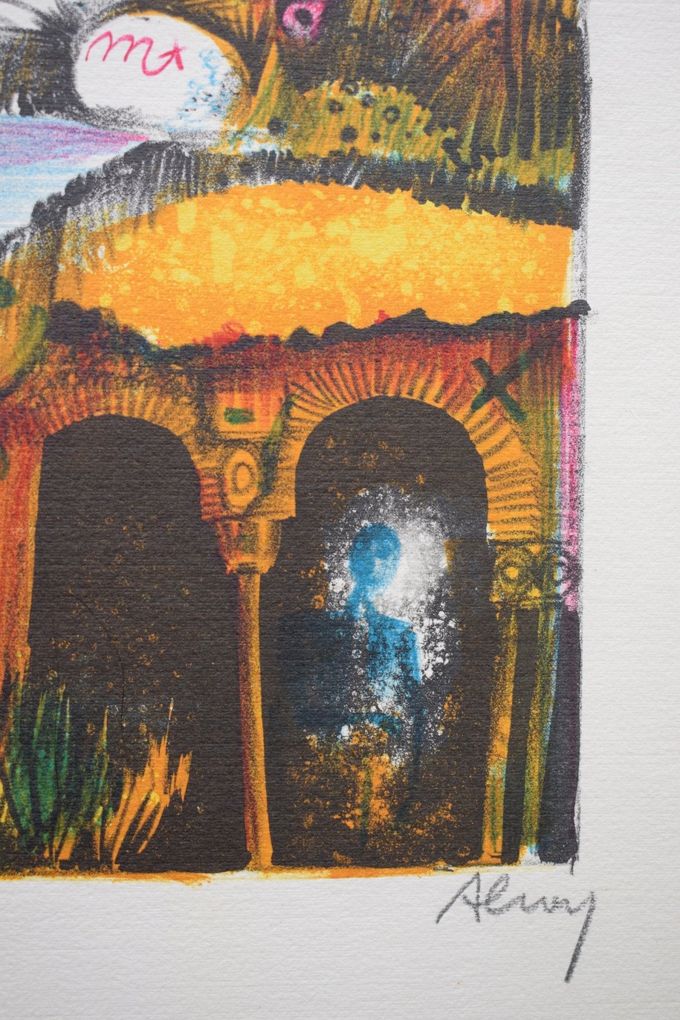 Eduard Alcoy, El Titellaire, litografía original con figuras surrealistas y composición fantástica en tonos azules, ocres y magentas edición numerada y firmada