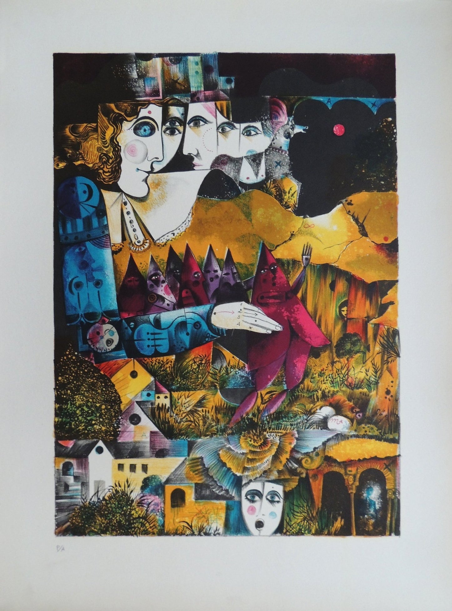 Eduard Alcoy, El Titellaire, litografía original con figuras surrealistas y composición fantástica en tonos azules, ocres y magentas.