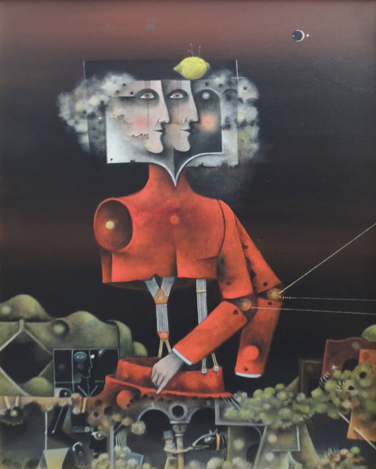 Eduard Alcoy, Elástics: figura surrealista de tonos rojizos con rostros fragmentados y elementos simbólicos en un paisaje onírico oscuro.
