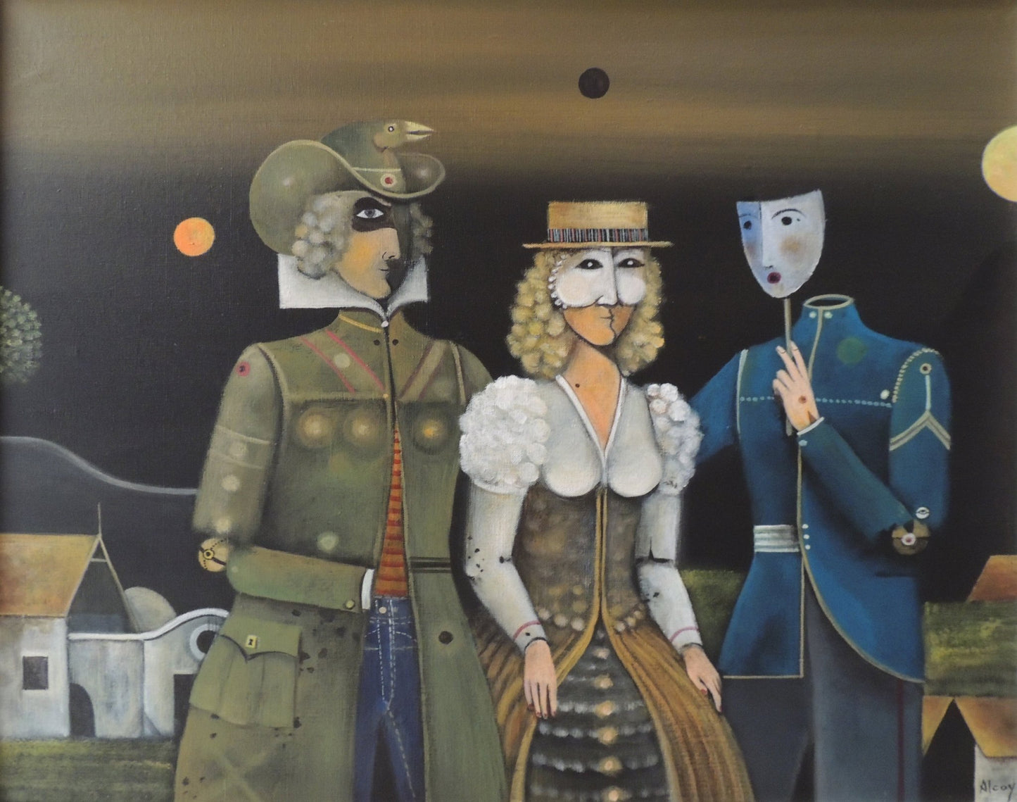 Eduard Alcoy, Els últims: pintura surrealista con tres figuras estilizadas y elementos teatrales en un paisaje nocturno.