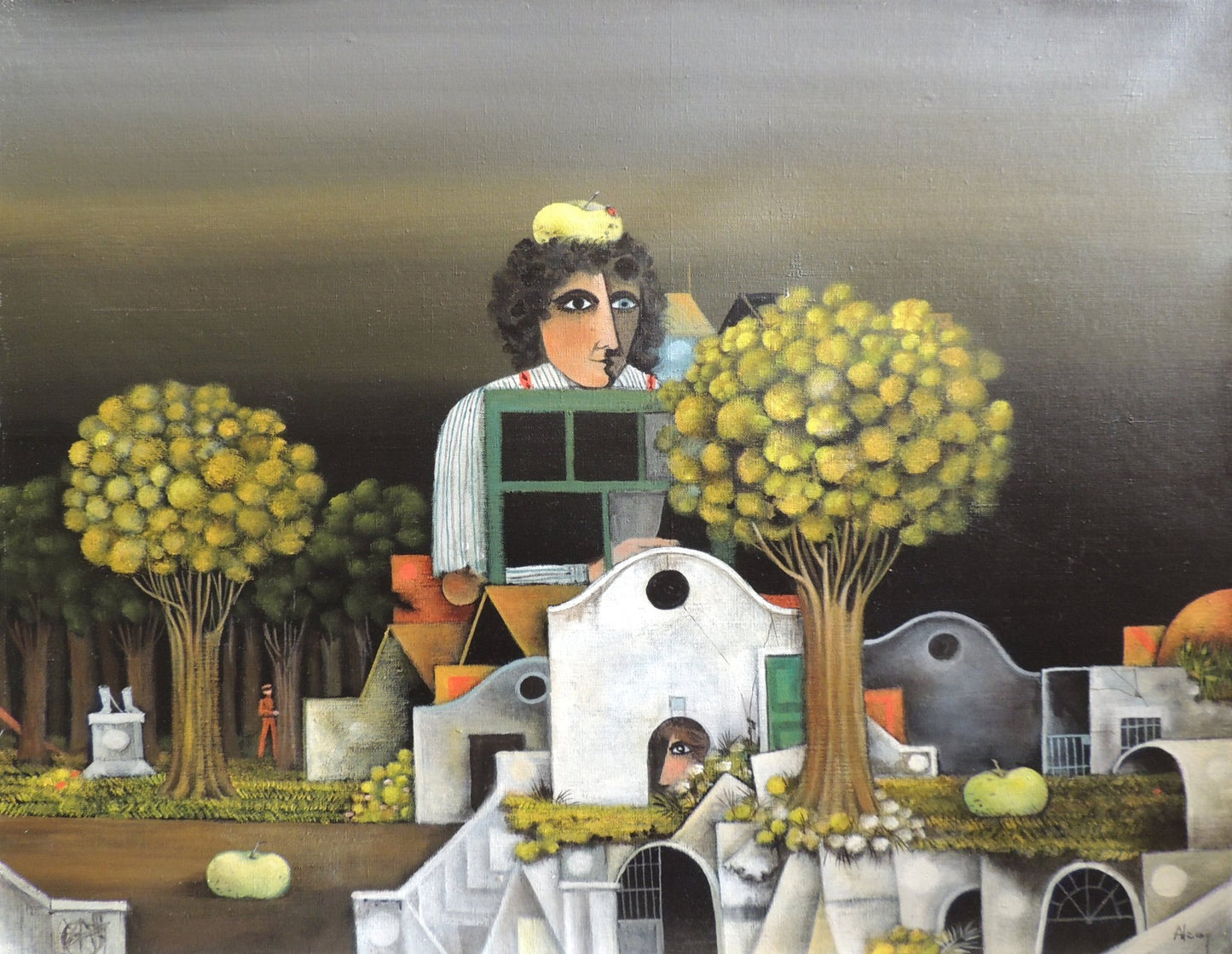 Eduard Alcoy, Era un jardí: pintura surrealista con figura simbólica, arquitectura blanca y árboles en un paisaje onírico.