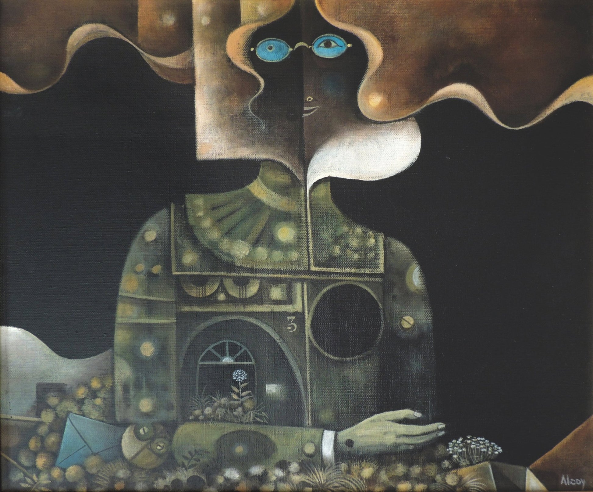 Esmargda, de Eduard Alcoy. Figura surrealista femenina con formas arquitectónicas, tonos oscuros y detalles simbólicos en una composición poética y onírica.