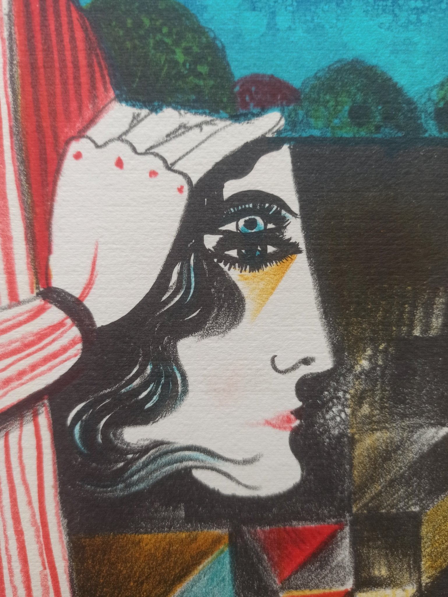 Eduard Alcoy, Hombre con pájaro, litografía original con figura masculina surreal y ave roja sobre fondo azul oscuro detalle cabeza