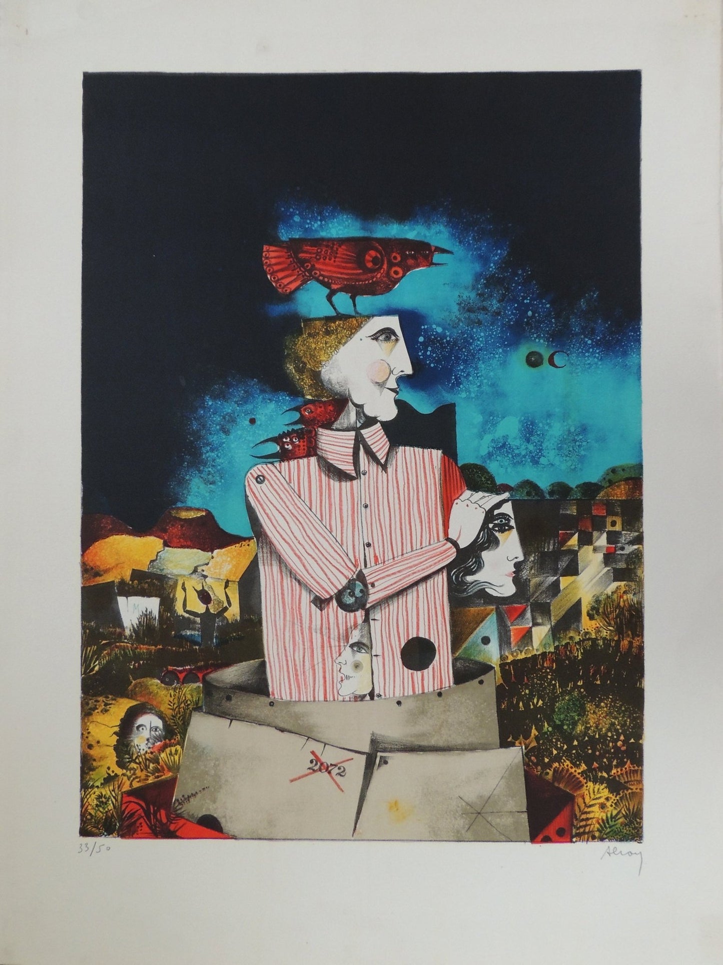 Eduard Alcoy, Hombre con pájaro, litografía original con figura masculina surreal y ave roja sobre fondo azul oscuro.