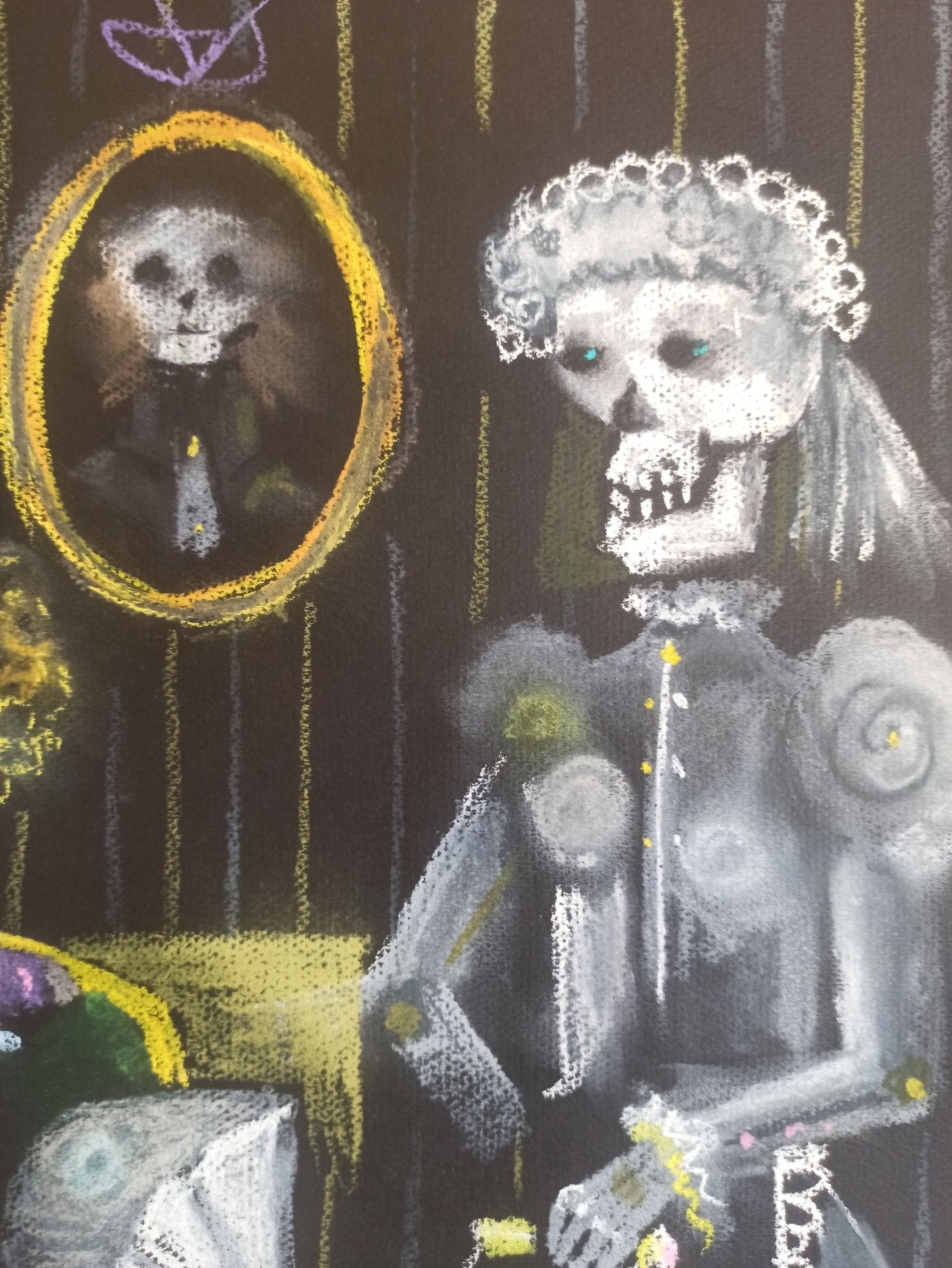 Eduard Alcoy, Homenaje a Solana, pastel original con figuras esqueléticas de carácter expresionista en una escena teatral y simbólica de atmósfera oscura detalle dibujo