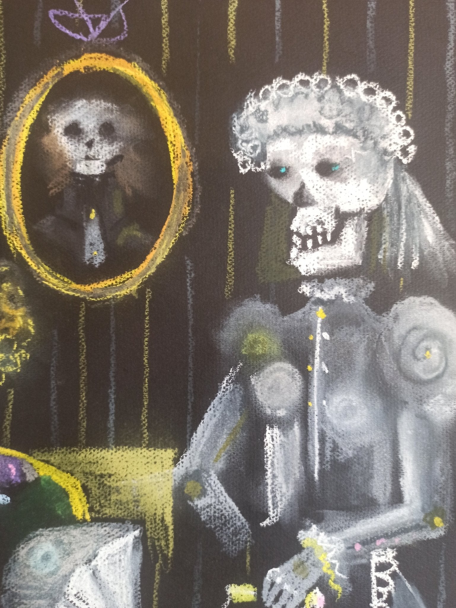Eduard Alcoy, Homenaje a Solana, pastel original con figuras esqueléticas de carácter expresionista en una escena teatral y simbólica de atmósfera oscura detalle dibujo