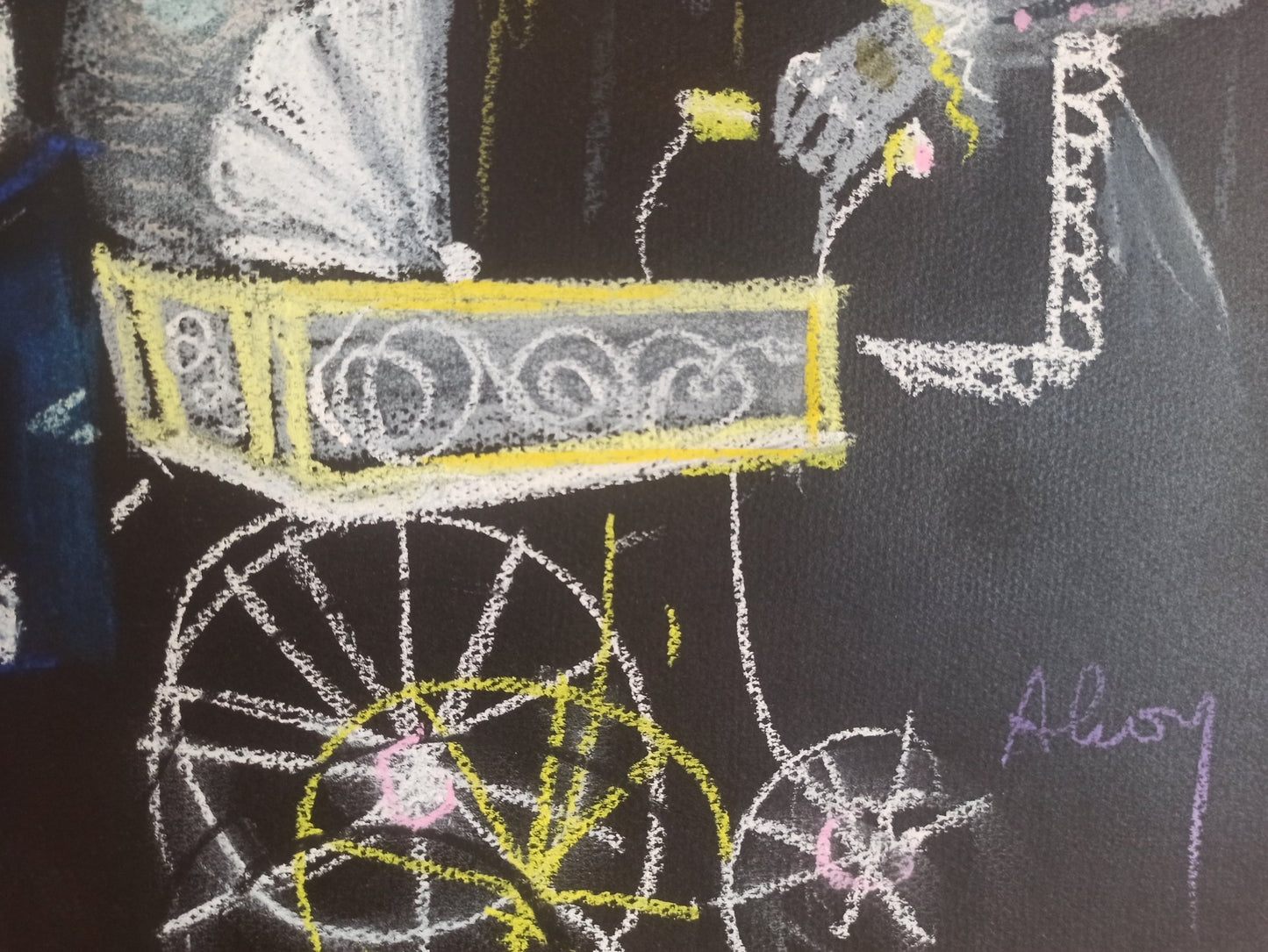 Eduard Alcoy, Homenaje a Solana, pastel original con figuras esqueléticas de carácter expresionista en una escena teatral y simbólica de atmósfera oscura detalle firma