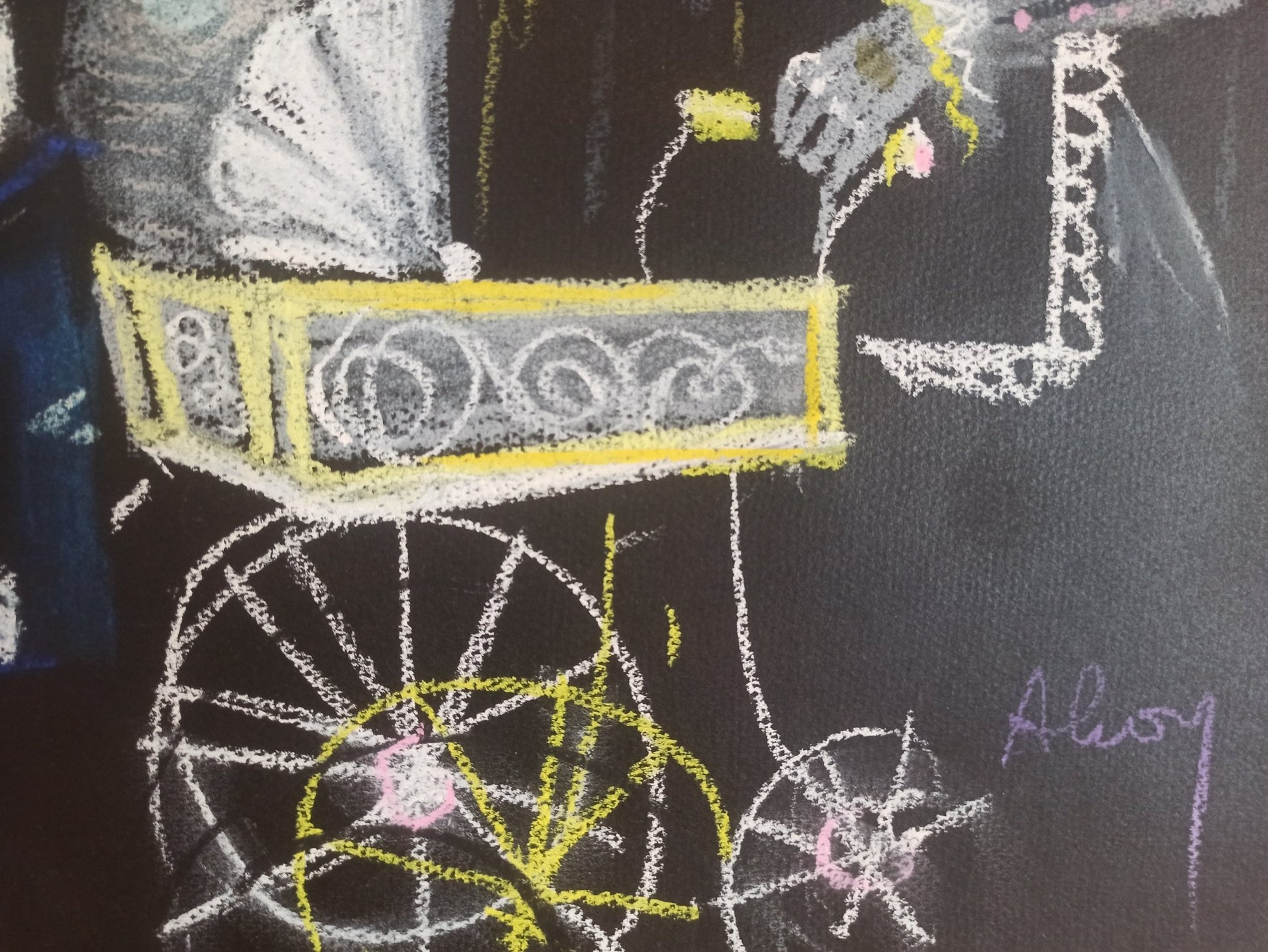 Eduard Alcoy, Homenaje a Solana, pastel original con figuras esqueléticas de carácter expresionista en una escena teatral y simbólica de atmósfera oscura detalle firma