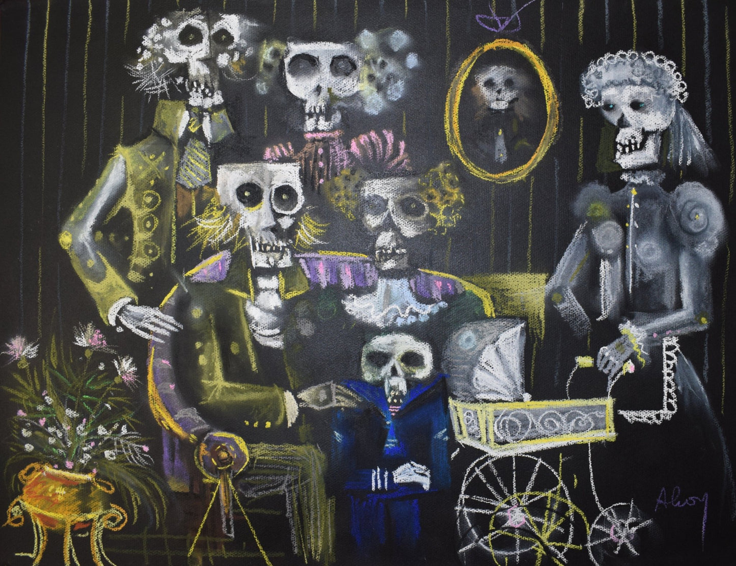 Eduard Alcoy, Homenaje a Solana, pastel original con figuras esqueléticas de carácter expresionista en una escena teatral y simbólica de atmósfera oscura.