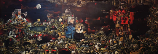 Eduard Alcoy, Impossible refer el paradís: paisaje surrealista panorámico con figuras humanas, arquitecturas imaginarias y elementos simbólicos sobre un fondo oscuro con acentos rojos y dorados.