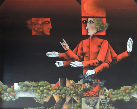 Eduard Alcoy, Insolencia: figura surrealista vestida de rojo con múltiples brazos y rostros geométricos sobre un fondo oscuro y paisaje simbólico.