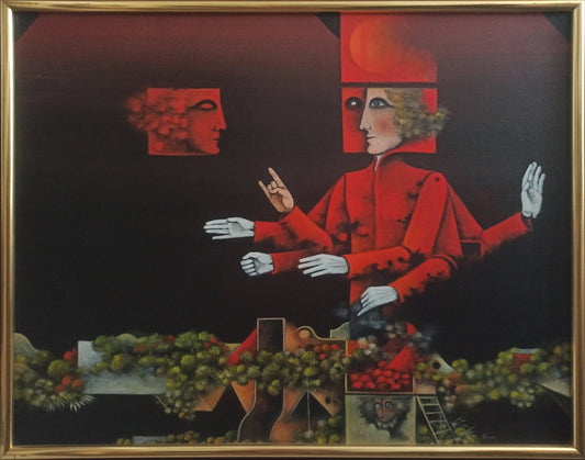 Eduard Alcoy, Insolencia: figura surrealista vestida de rojo con múltiples brazos y rostros geométricos sobre un fondo oscuro y paisaje simbólico obra enmarcada