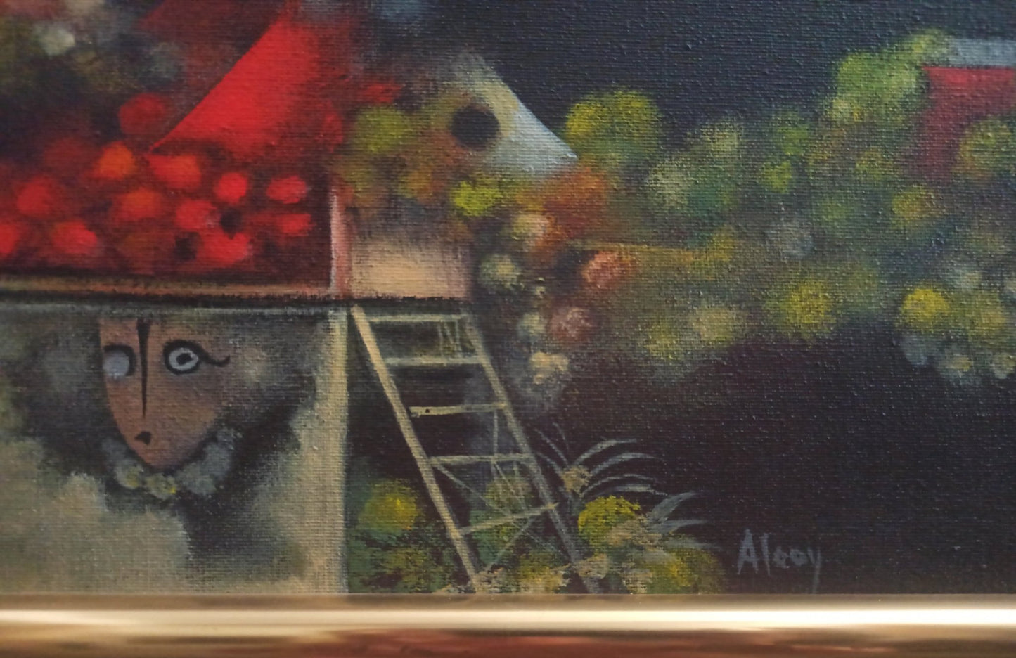 Eduard Alcoy, Insolencia: figura surrealista vestida de rojo con múltiples brazos y rostros geométricos sobre un fondo oscuro y paisaje simbólico detalle firma