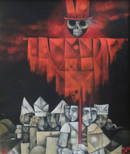 Eduard Alcoy, La colla de espantall: composición surrealista con espantapájaros rojo de rostro esquelético sobre un grupo de figuras geométricas en un paisaje oscuro.