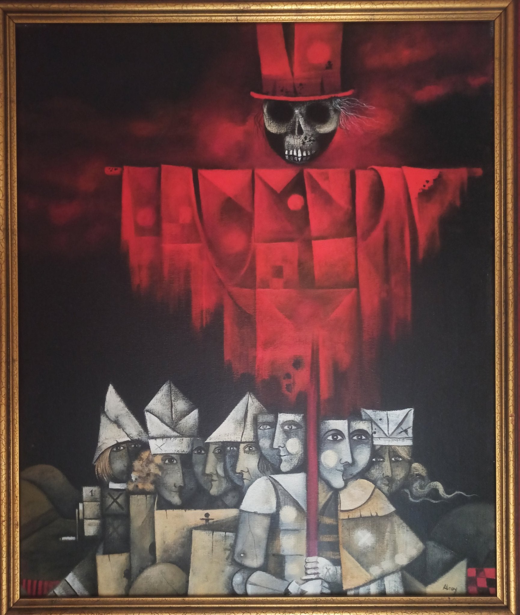 Eduard Alcoy, La colla de espantall: composición surrealista con espantapájaros rojo de rostro esquelético sobre un grupo de figuras geométricas en un paisaje oscuro cuadro enmarcado