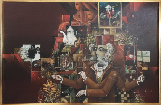 Eduard Alcoy, L’antiquari: composición surrealista con figura central, objetos antiguos y elementos simbólicos en una escena de tonos ocres y oscuros obra marcada