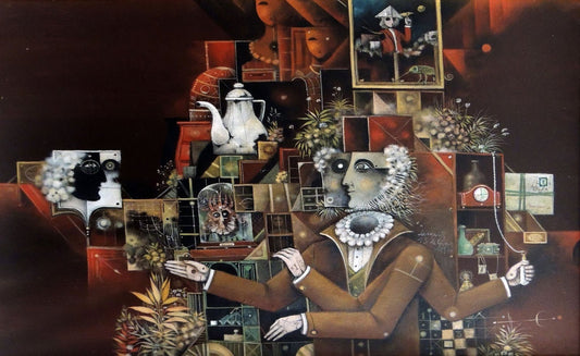 Eduard Alcoy, L’antiquari: composición surrealista con figura central, objetos antiguos y elementos simbólicos en una escena de tonos ocres y oscuros.