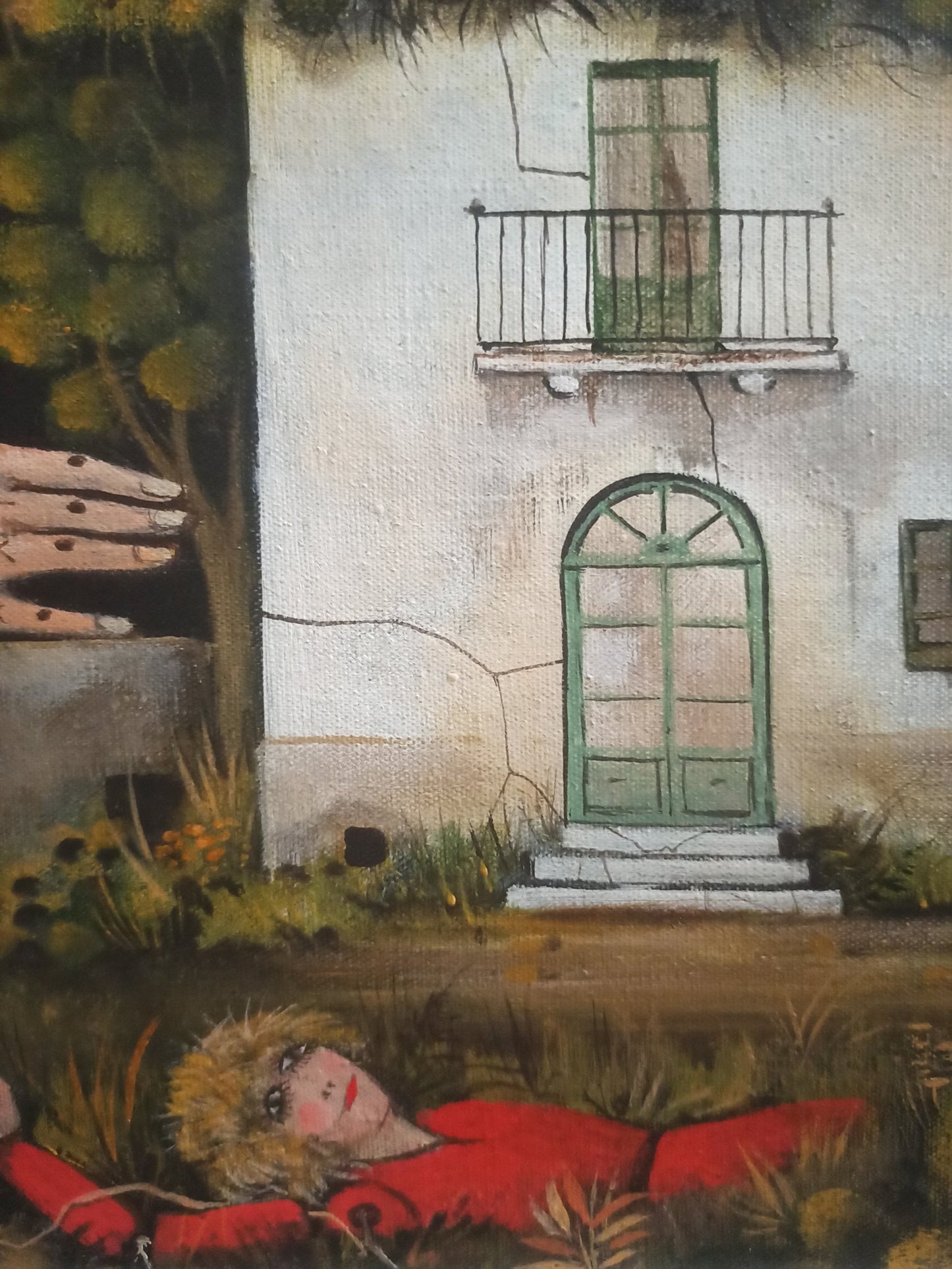 Eduard Alcoy, Marginat: composición surrealista con figura humana, ave fantástica y arquitectura en un paisaje simbólico detalle casa y puerta