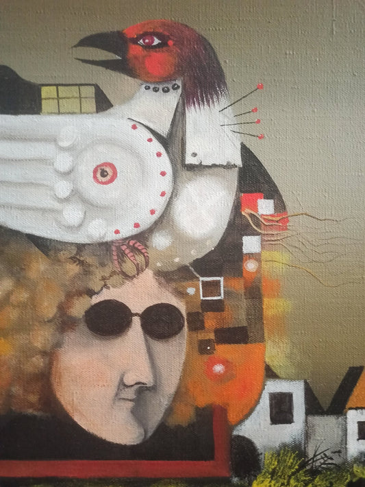 Eduard Alcoy, Marginat: composición surrealista con figura humana, ave fantástica y arquitectura en un paisaje simbólico detalle rostro masculino gafas de sol