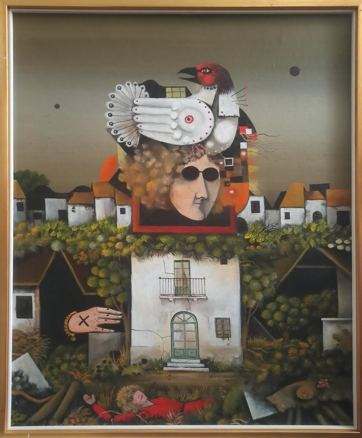 Eduard Alcoy, Marginat: composición surrealista con figura humana, ave fantástica y arquitectura en un paisaje simbólico obra enmarcada
