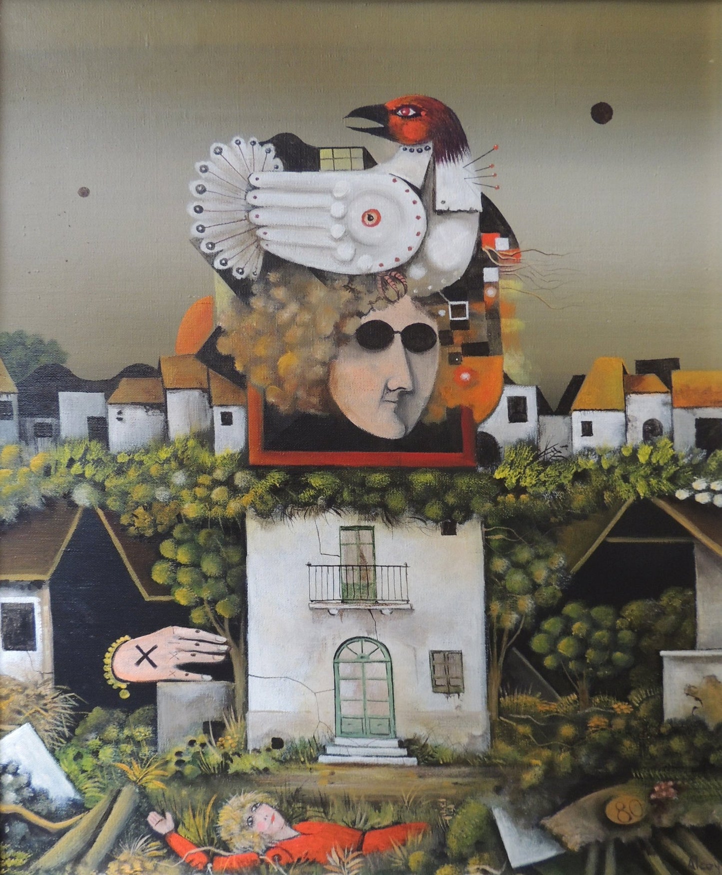 Eduard Alcoy, Marginat: composición surrealista con figura humana, ave fantástica y arquitectura en un paisaje simbólico.