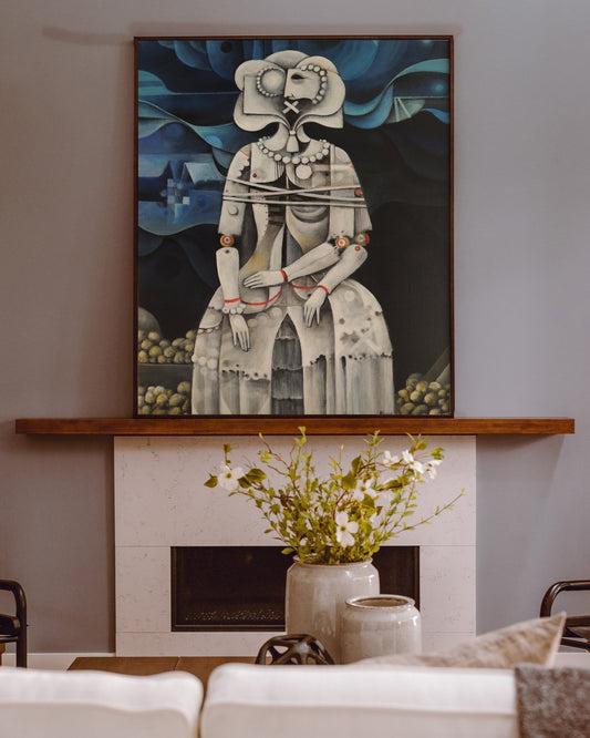 Eduard Alcoy, Máscara muda, pintura surrealista con figura femenina abstracta en tonos azules y grises decoración interiores