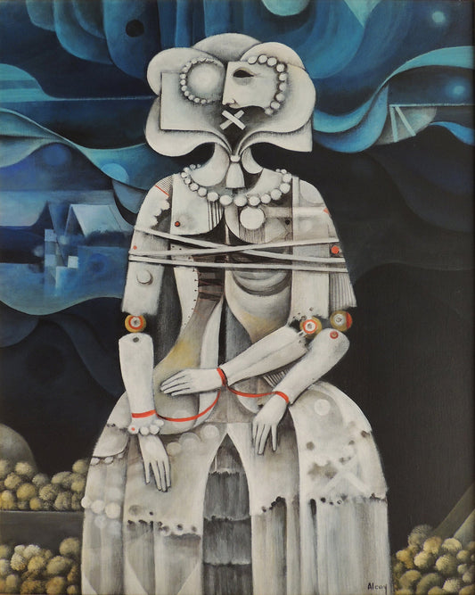 Eduard Alcoy, Máscara muda, pintura surrealista con figura femenina abstracta en tonos azules y grises.