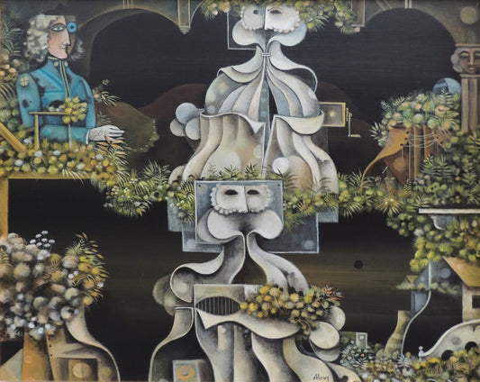 Eduard Alcoy, Màscares blanques. Pintura surrealista con máscaras blancas, figuras estilizadas y vegetación en una escena simbólica de tonos oscuros y matices azulados y verdes.