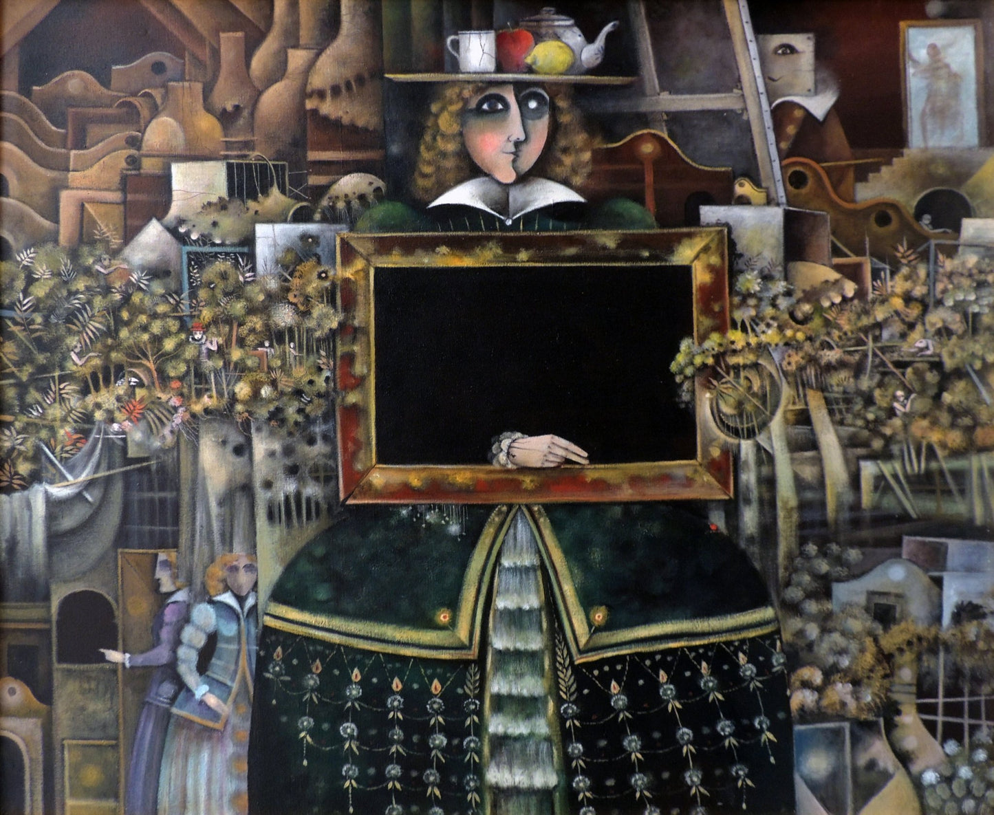 Eduard Alcoy, Menina y buit, pintura surrealista con figura inspirada en una menina y marco vacío en un entorno fantástico y simbólico.