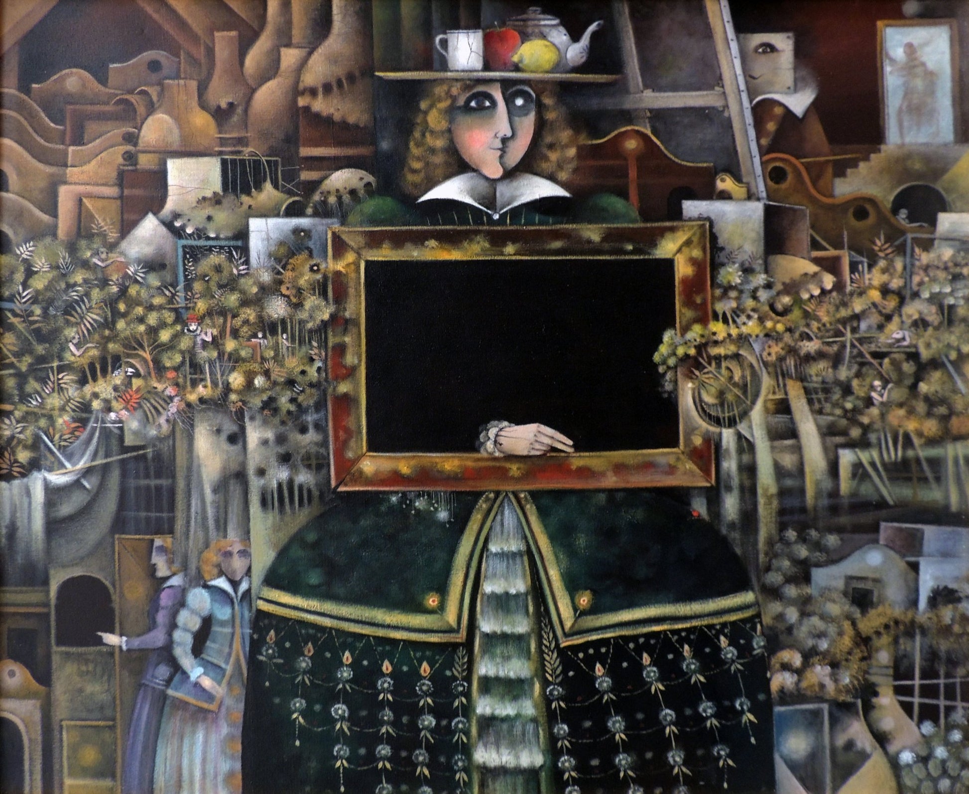 Eduard Alcoy, Menina y buit, pintura surrealista con figura inspirada en una menina y marco vacío en un entorno fantástico y simbólico.